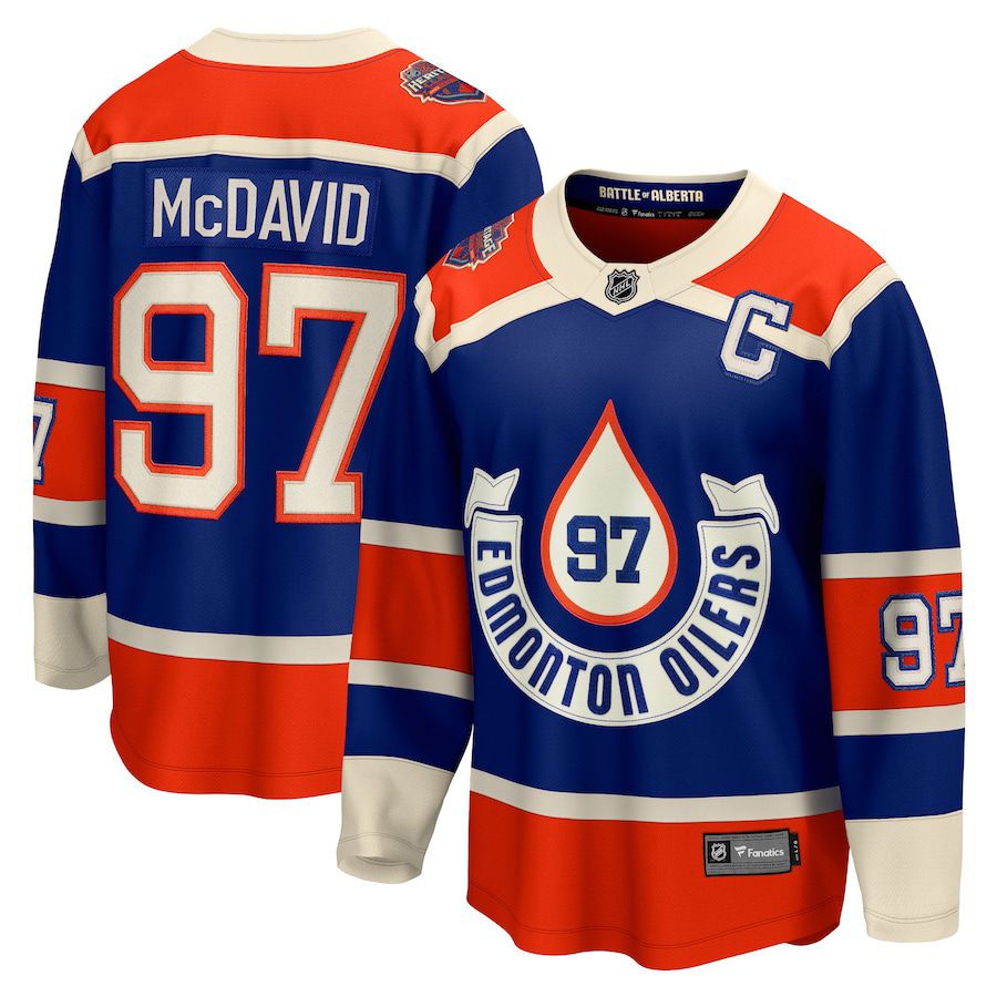 Men Edmonton Oilers 97 Connor McDavid Fanatics Branded Royal 2023 NHL Heritage Classic Premier Breakaway Player Jersey